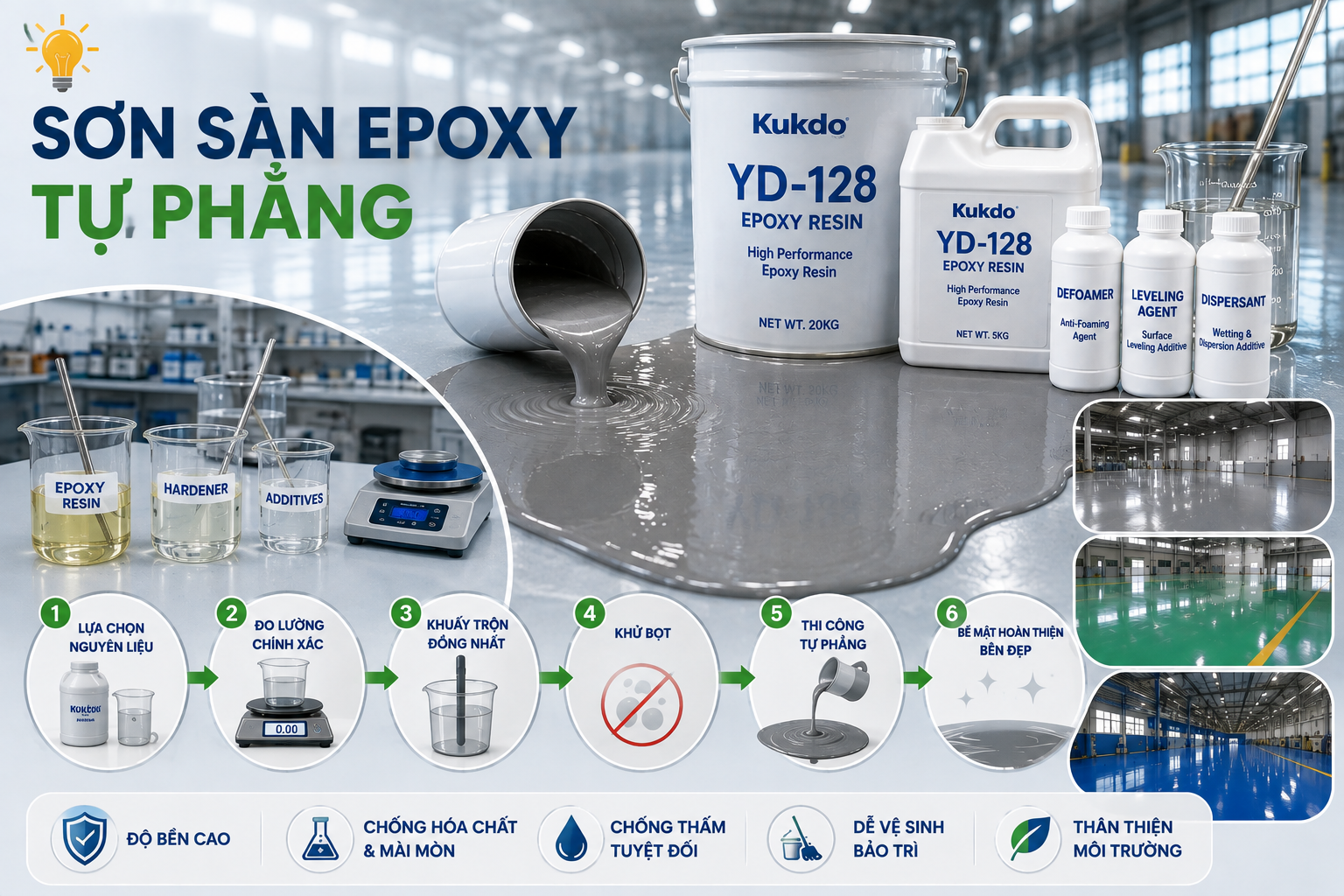 Bí Quyết Xây Dựng Công Thức Sơn Sàn Epoxy Tự Phẳng Từ Nhựa Kukdo YD-128 & Phụ Gia Chuyên Dụng