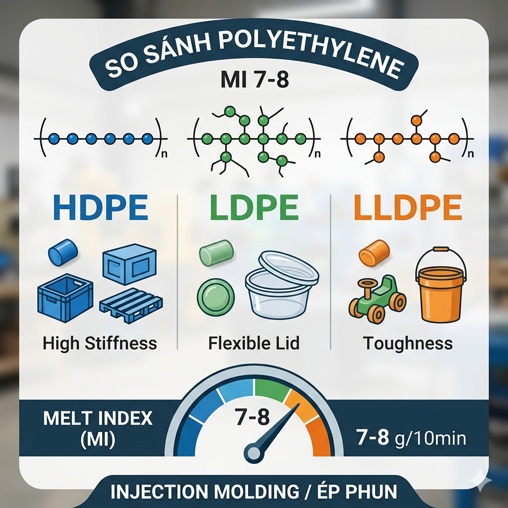 So sánh HDPE, LDPE và LLDPE MI 7-8: Đâu là lựa chọn tối ưu cho khuôn ép phun?