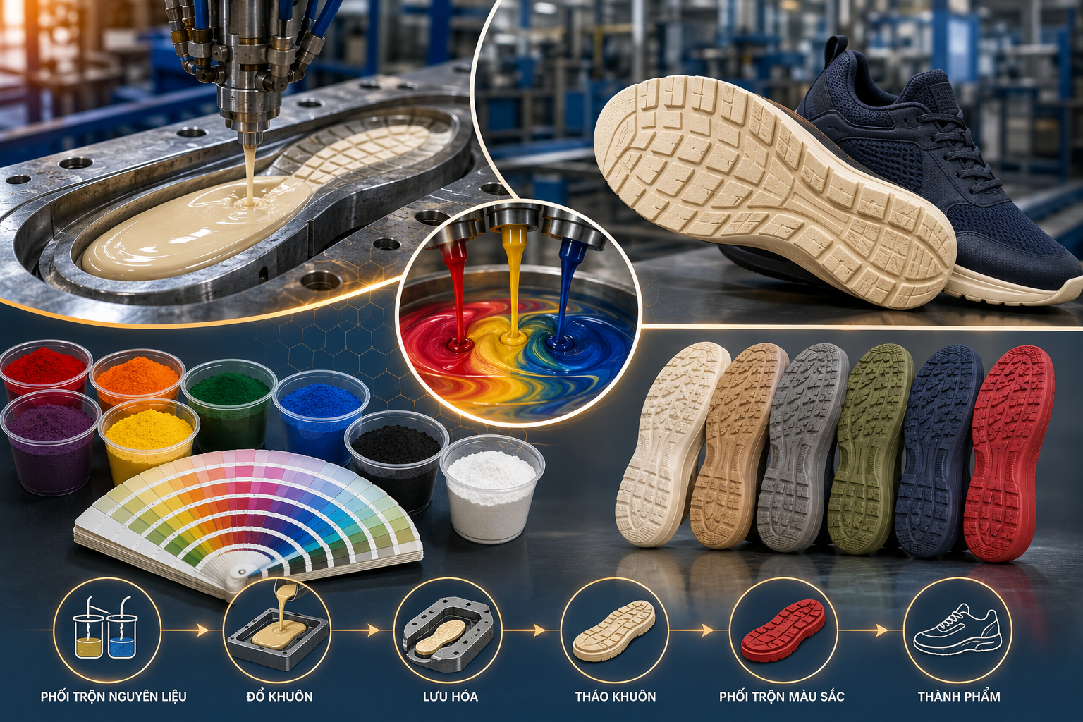 Polyurethane Trong Sản Xuất Đế Giày: Công Nghệ Đổ Khuôn & Phối Trộn Màu Sắc