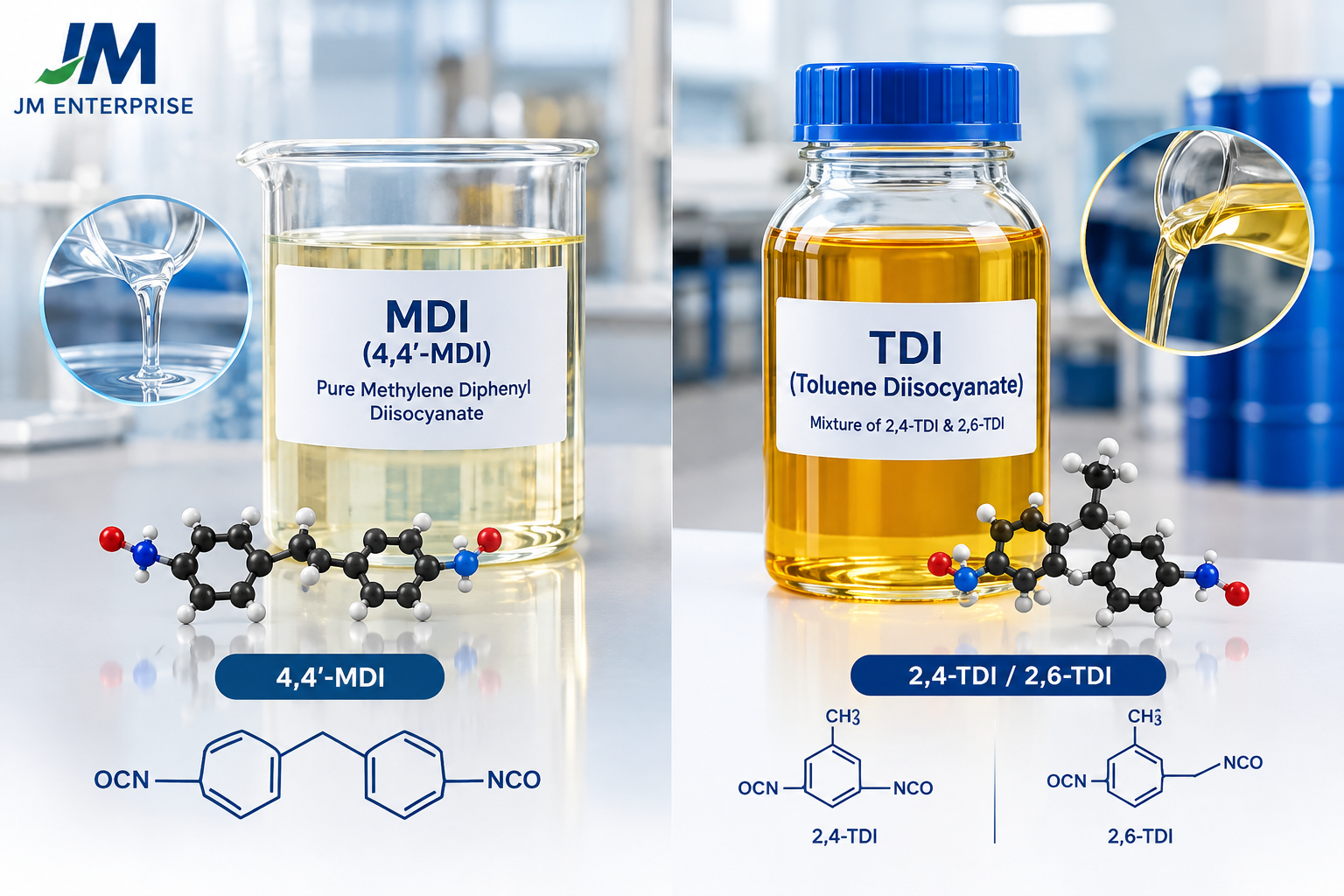 So Sánh MDI Tinh Khiết (4,4'-MDI) Và TDI (Toluene Diisocyanate) Trong Sản Xuất Polyurethane (PU)