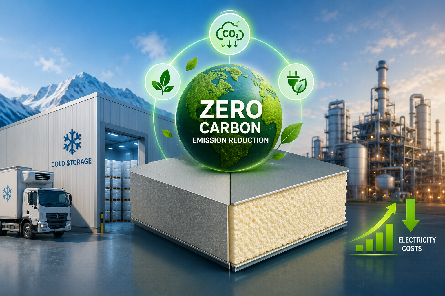 Giải Pháp Giảm Phát Thải Carbon (Zero-Carbon): Xu Hướng Ứng Dụng Bọt Xốp PU Cách Nhiệt Giúp Cắt Giảm Chi Phí Điện Năng Vận Hành Kho Lạnh Và Nhà Xưởng